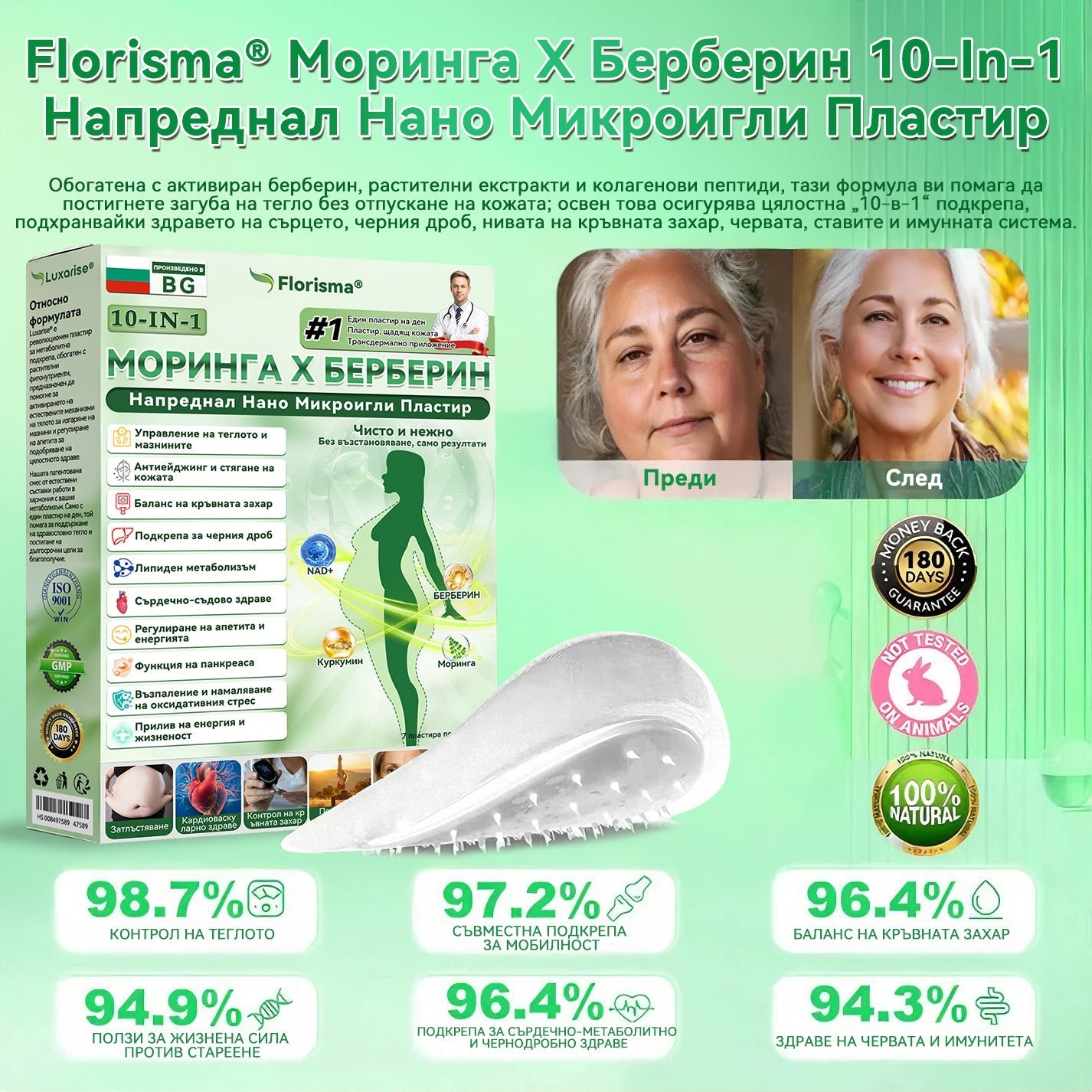 【Последен ден на промоция – 90% ОТСТЪПКА】🌞𝐅𝐥𝐨𝐫𝐢𝐬𝐦𝐚® Моринга 𝐗 Берберин 𝟏𝟎-𝐈𝐧-𝟏 Напреднал Нано Микроигли Пластир